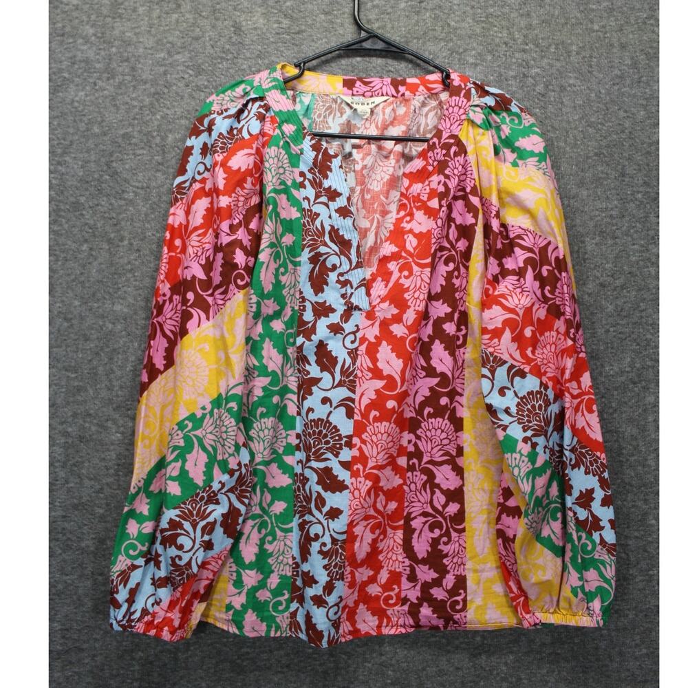 Boden Long Sleeve Notch Top size 16-18 Multi Lightweight V Neck Cotton